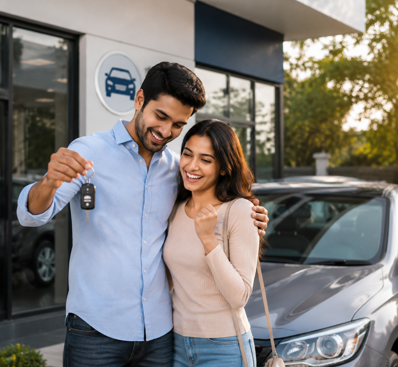 Happy family with new car